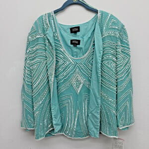 Adrianna Papell Studio Blue Silk Tank Top Jacket 2 Piece Set Beads Sequins 1X Lg